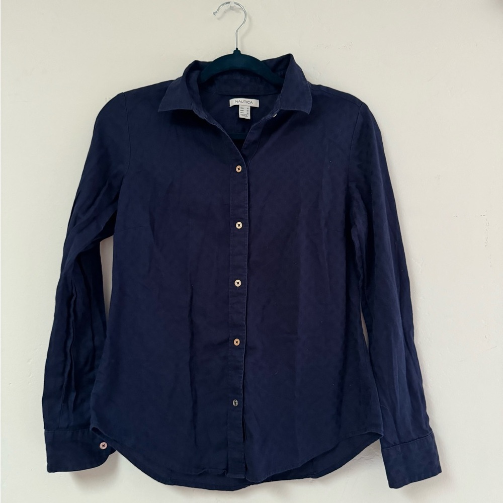Nautica Long Sleeve Button-Down Shirt with Subtle Dot Pattern - Navy,‎ Size S
